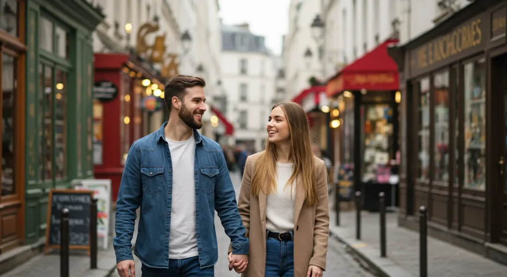 Two couples using relationship coaching techniques, walking in the streets and holding hands