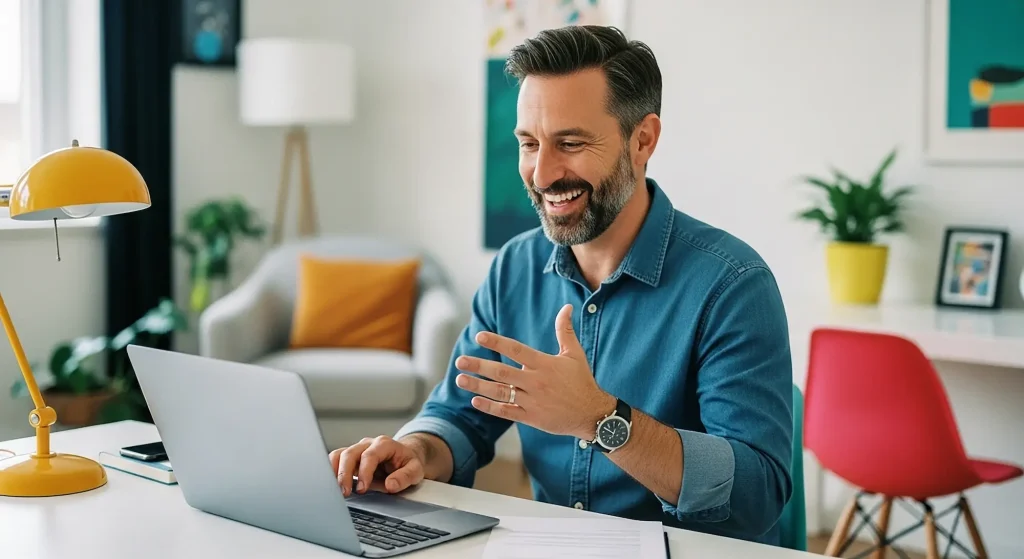 A man having a session with his coaching clients online