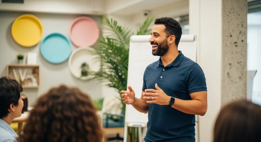 A coach teaching how to attract coaching clients to a group of coachees