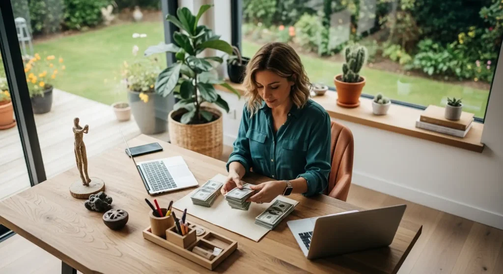 A woman counting her 6-figure income in a beautiful office