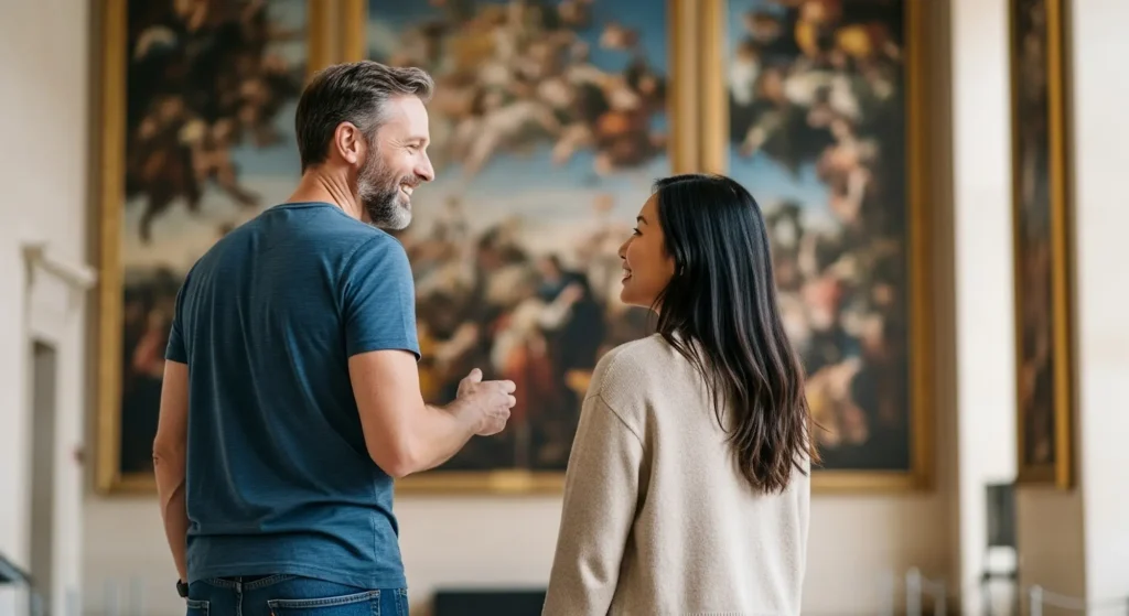 A man and woman going through inspirational coaching at a museum