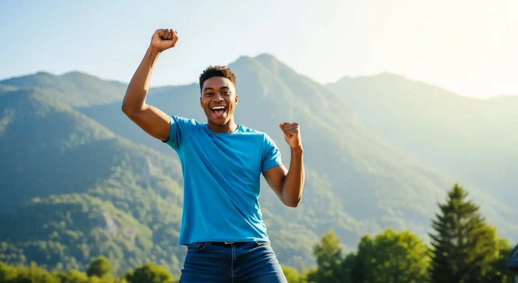 A confidence coach celebrating in nature with a mountainous background