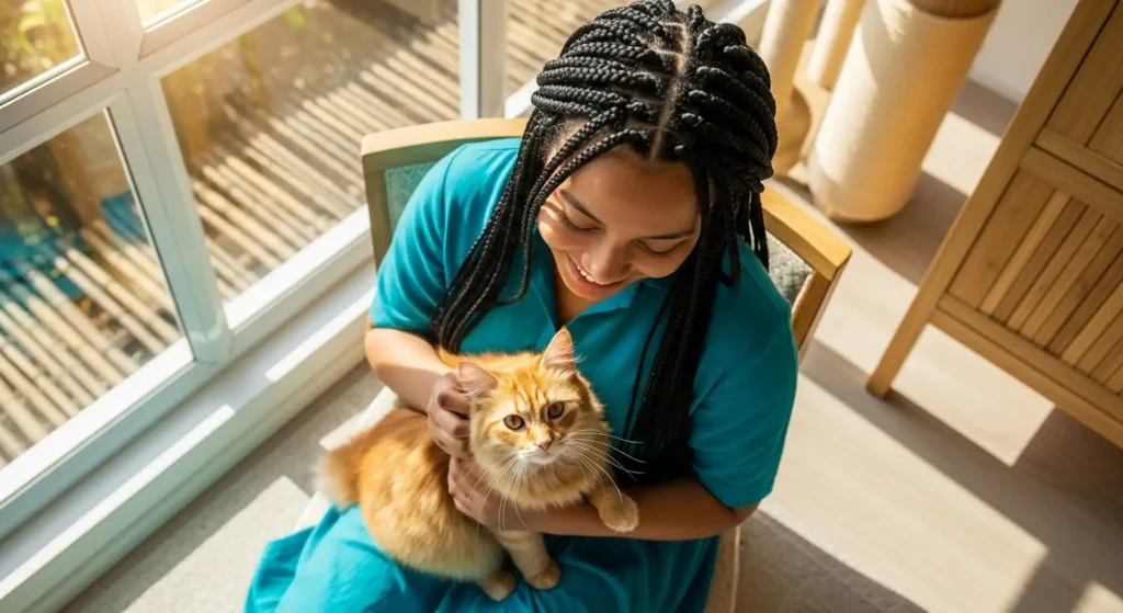 A woman, who's the ideal client, with a cat on her lap