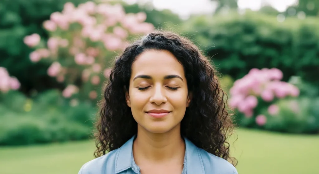 A mindset coach with her eyes closed in a beautiful garden
