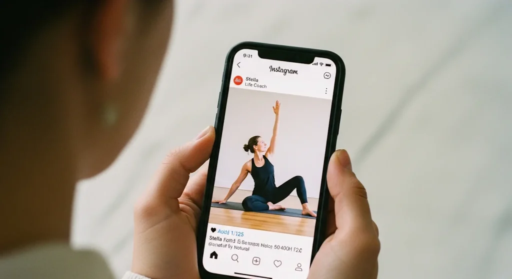 A woman looking at a social media marketing strategy for coaches