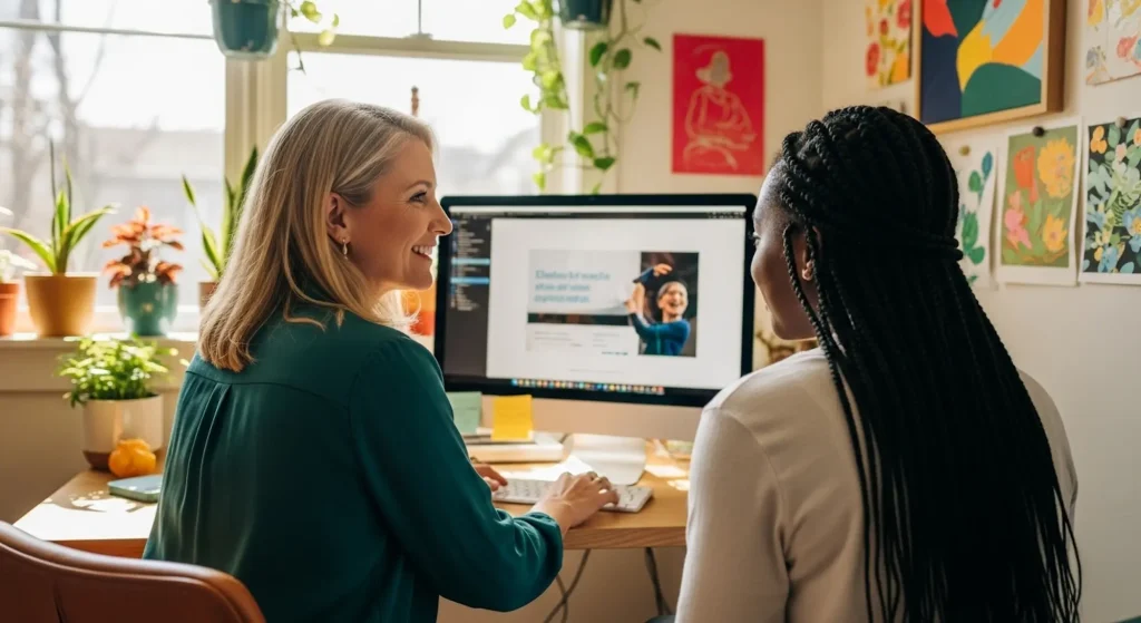 A coach showing her coachee content marketing techniques on a computer