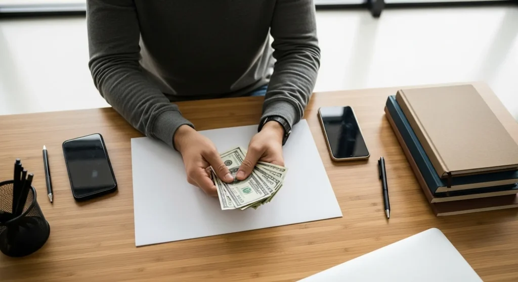 A person holding a life coach salary while sitting at a desk
