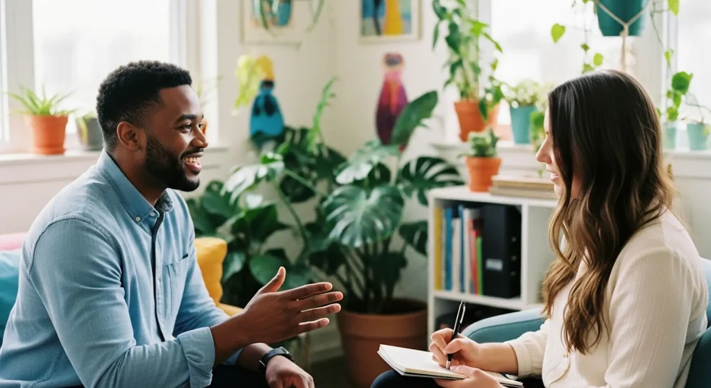 A man teaching a woman coaching vs. therapy in a bright and colorful office
