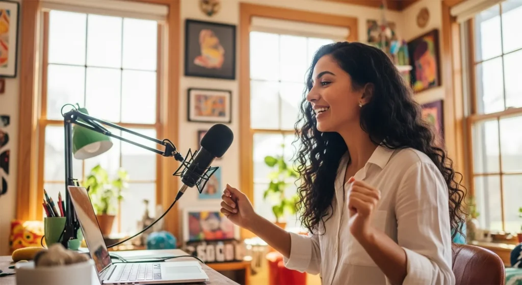 A woman talking into a mic for the best podcasts of 2022