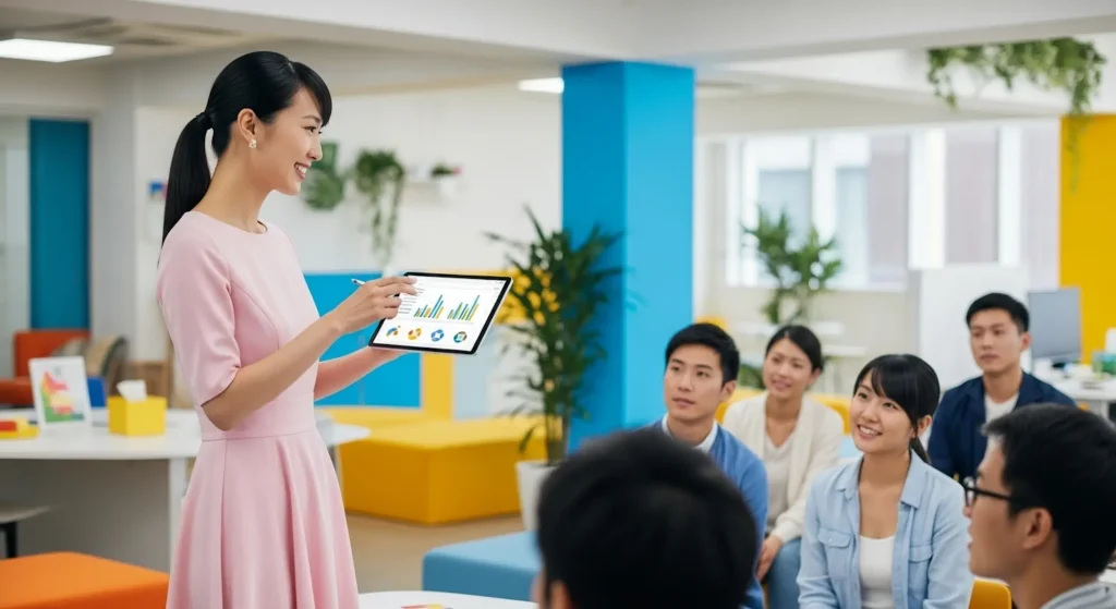 A woman sharing coaching industry statistics with employees in a company
