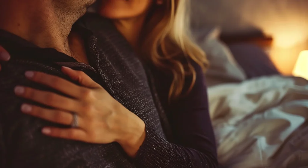A woman's hand on a man's chest as part of intimacy coaching