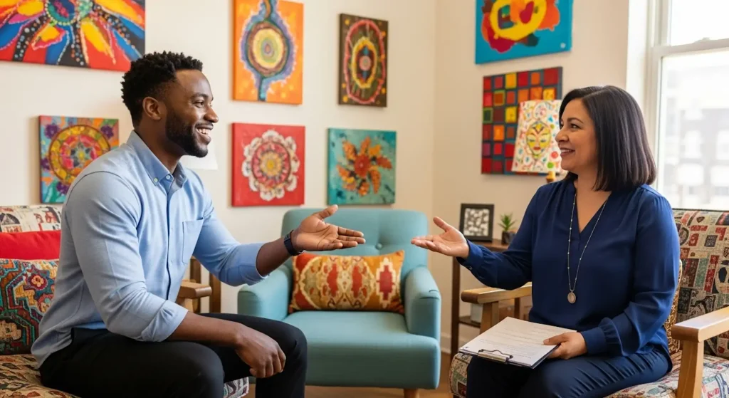 A coach with a coachee in a session in a colorful office