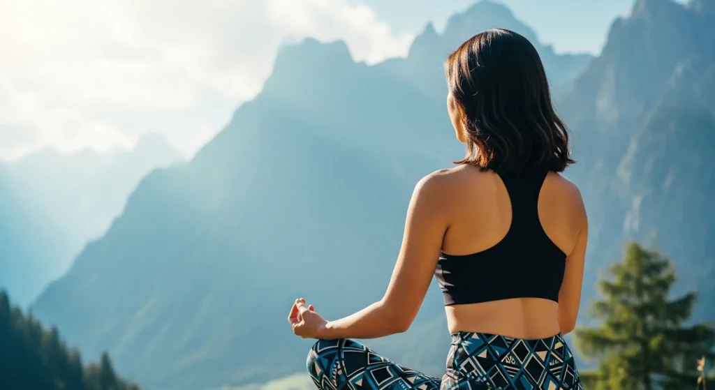 A woman meditating in nature with a mountainous background as part of her mindfulness coaching