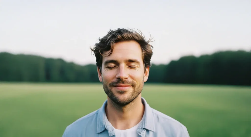 A man with his eyes closed as part of mindset coaching