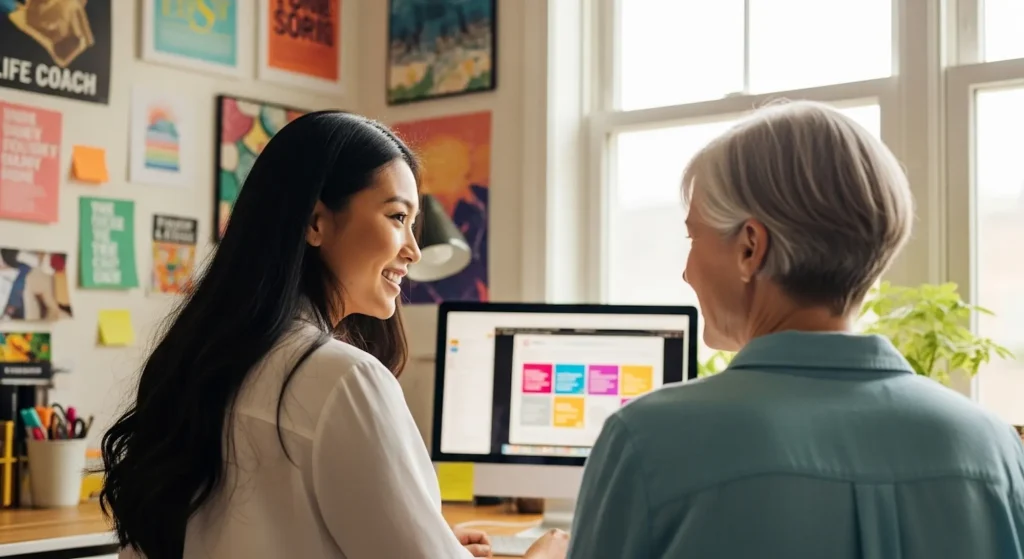 A woman providing branding coaching to a coachee