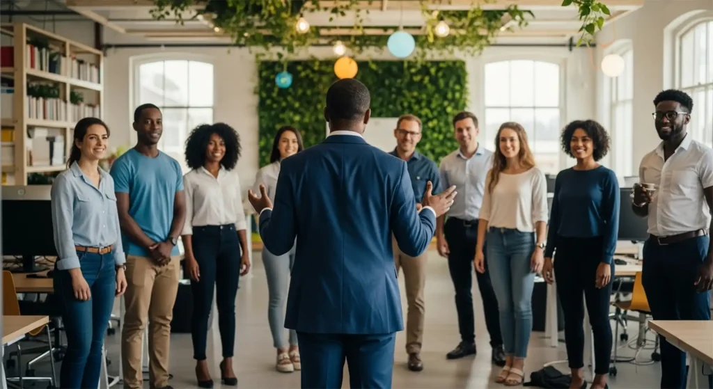 A coach discussing character traits with his coachees in an office