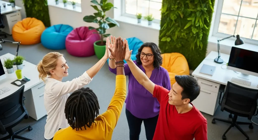 People giving each other a high five in a team coaching session