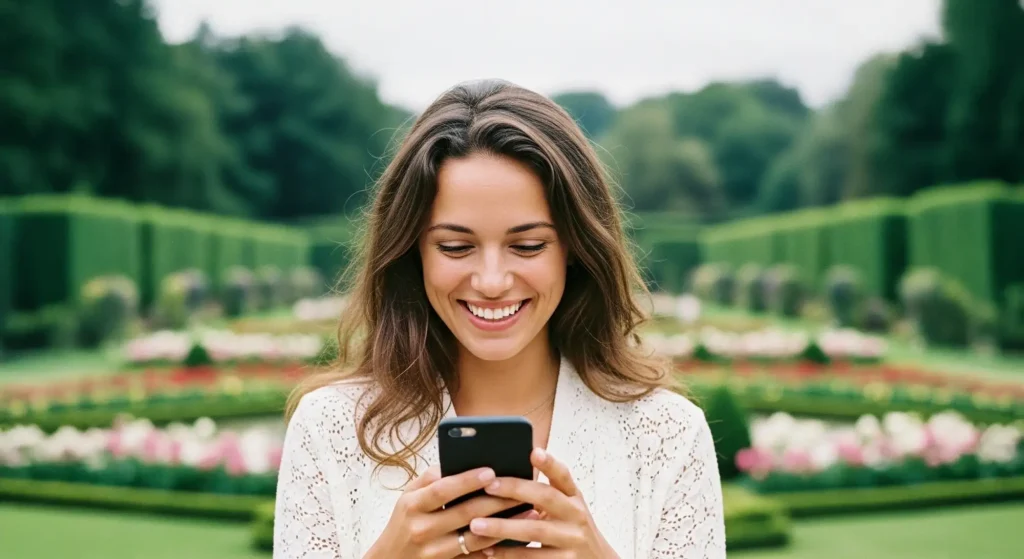 A woman using her phone to scroll through social media channels
