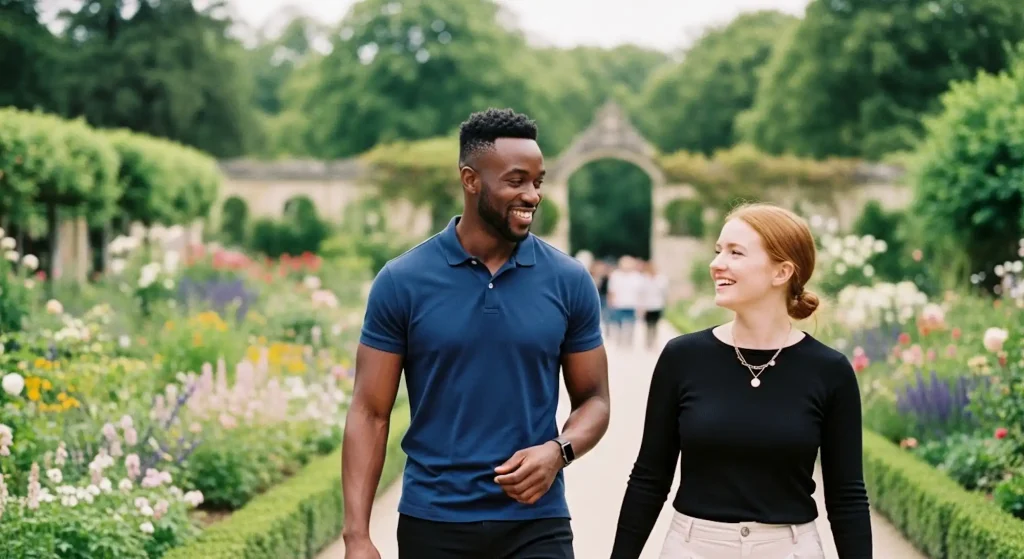 A life coach walking through a garden with his coachee, giving life coaching tips