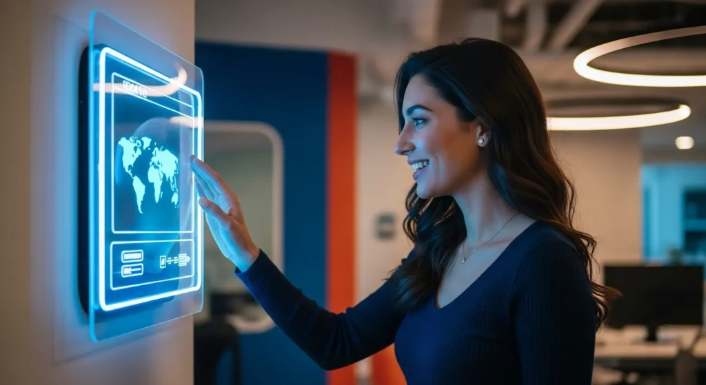 A woman looking at a futuristic AI in coaching screen