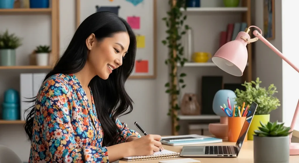 A woman writing in a notebook, learning to be your own life coach