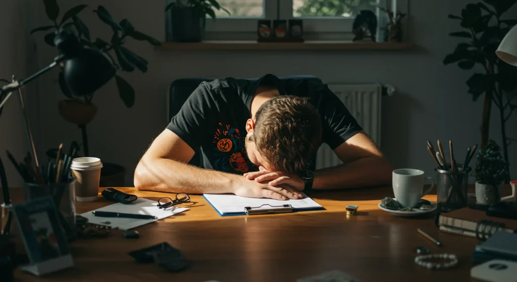 A burnt-out man with his head on a desk, in need of coaching for work-life balance