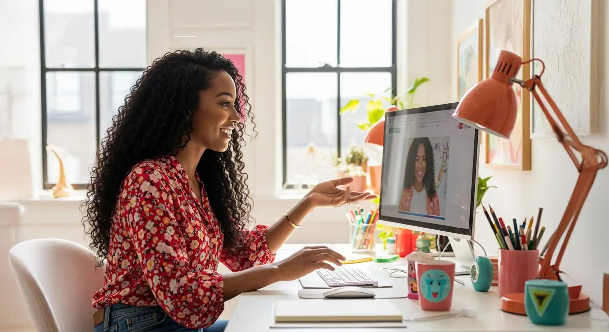 A female life coach talking to a coachee online