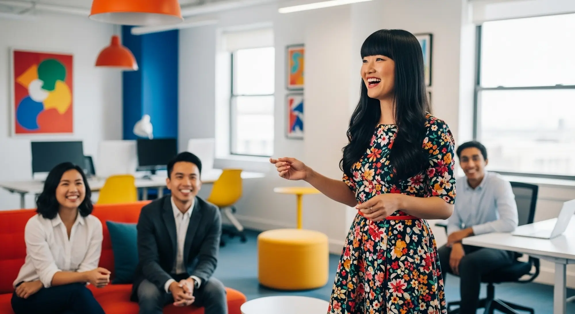 A woman talking to people to build her coaching brand