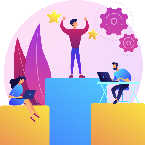 3 cartoon individuals working and celebrating success