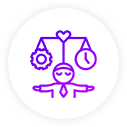 a white circle with a purple logo